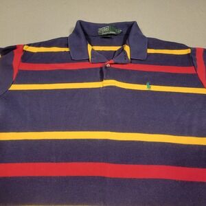 VTG Polo Ralph Lauren Rugby Shirt Mens Medium Navy Striped Long Sleeve Hong Kong